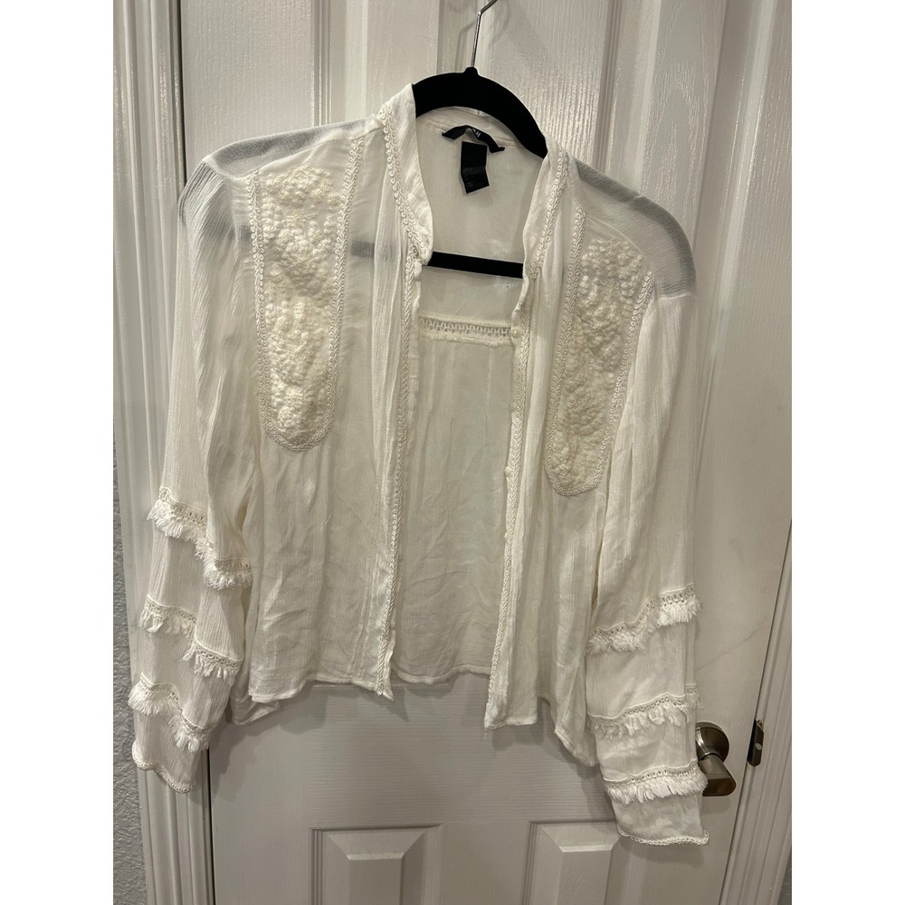 H&M Blouse White Embroidered Fringe Boho Tiered Sleeve Lightweight Top